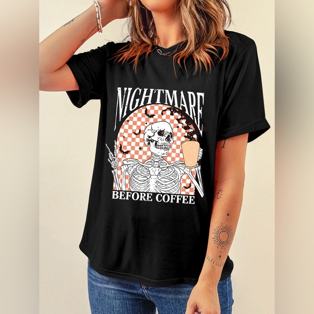 Halloween Skull Checkerboard Graphic Round Neck Tee